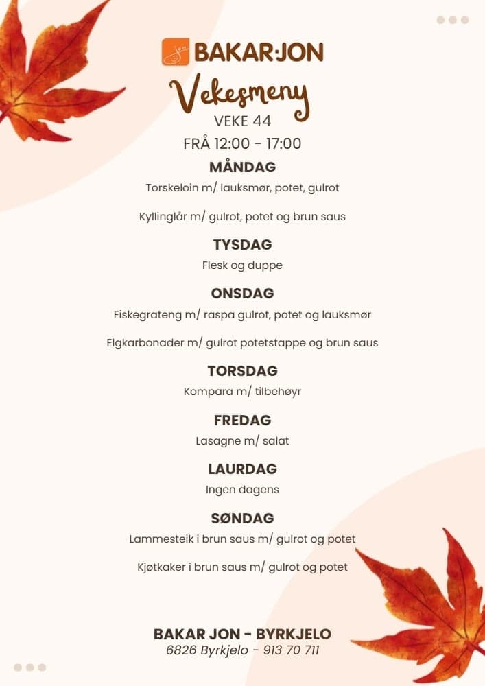Denne ukas meny ved kafédisken hos Bakar-Jon, oppdatert hver uke